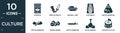 filled culture icon set. contain flat vegemite, knife in sheath, imperial carp, ajotomate, native american wigwam, native american