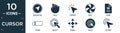 filled cursor icon set. contain flat navigation, hold, pointer, busy, word, typing, select, scroll, circle, clicker icons in