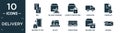 filled delivery icon set. contain flat bill, delivery warning, logistic protection, cargo bus, checklist, delivery to the door,