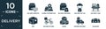 filled delivery icon set. contain flat delivery monitor, global distribution, delivery weighing, hot air balloon, x ray, box, by