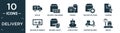 filled delivery icon set. contain flat side up, delivery containers, fragile, delivery settings, charter, by website, safety,