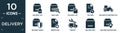 filled delivery icon set. contain flat delivery tag, bar code, delivery list, tax free, by motorcycle, shield, inspection, freight