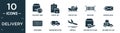 filled delivery icon set. contain flat delivery time, check list, ship by sea, barcode, express mail, container, transportation, Royalty Free Stock Photo