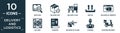 filled delivery and logistics icon set. contain flat bar code, delivery day, delivery x ray, side up, delivery by website, qr code