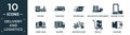 filled delivery and logistics icon set. contain flat factory, cargo bus, express mail, sea ship with containers, delivery to the