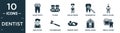 filled dentist icon set. contain flat holed tooth, plaque, molar crown, examination, dental filling, healthy boy, toothbrushes,