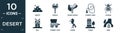 filled desert icon set. contain flat ingots, saddle, horse saddle, cowboy whip, scarab, mill, cowboy cart, horse, tower, mine