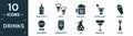 filled drinks icon set. contain flat baby bottle, shots, beer mug, bloody mary, shaker, bartender, fermentation, jug, margarita,