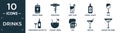 filled drinks icon set. contain flat energy drink, sorkscrew, mint julep, herbal liquor, wine, corkscrews and bottle of wine,