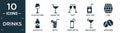 filled drinks icon set. contain flat glass with wine, manhattan, toast, apple juice, cask, juice bottle, mojito, ramos gin fizz,