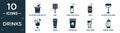 filled drinks icon set. contain flat ice bucket and bottle, drip, fresh soda with lemon slice and straw, coke, glasses with wine,