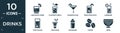 filled drinks icon set. contain flat lime rickey drink, planter\'s punch, cosmopolitan, fresh soda with lemon slice and straw,