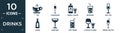 filled drinks icon set. contain flat tea, champagne, herbal liquor, beverage, mai thai, liquor, martinez, soft drink, alcoholic