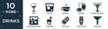 filled drinks icon set. contain flat wine, whiskey, espresso, brewery, manhattan drink, white russian drink, caipiroska, chocolate