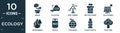 filled ecology icon set. contain flat bonsai, pollution, wind turbine, nuclear power, solar panels, water energy, biogas, Royalty Free Stock Photo