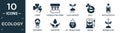 filled ecology icon set. contain flat power, hydroelectric power station, plant and root, eco e, recycled bottle, save energy,