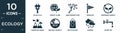 filled ecology icon set. contain flat solar plug, energy globe, wind bending tree, windsock, renewable energy, landscape image,