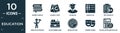 filled education icon set. contain flat books couple, school cart, scholar, check list, test results, man with trophy, data Royalty Free Stock Photo