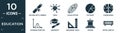 filled education icon set. contain flat diploma with a ribbon, virus, solar system, pie chart, human brain, gaussian function, Royalty Free Stock Photo