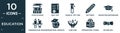 filled education icon set. contain flat stack of books, final test, chemical test tube, edit pencil, graduation mortarboard,