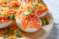 Filled eggs with salmon pinchos tapa Spain Royalty Free Stock Photo