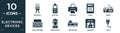 filled electronic devices icon set. contain flat bbq grill, battery, printer, oven, radio, copy machine, percolator, projector, Royalty Free Stock Photo