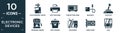 filled electronic devices icon set. contain flat cold-pressed juicer, copy machine, convection oven, magsafe, joystick, espresso