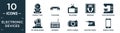 filled electronic devices icon set. contain flat compact disc, telephone, television, weighing, food processor, ice cream maker,