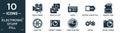 filled electronic stuff fill icon set. contain flat video camera, video file list, radio, battery almost full, memory card, Royalty Free Stock Photo