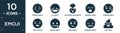 filled emoji icon set. contain flat pensive emoji, ill emoji, exploding head yawning worried happy secret wink grinning poo icons