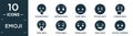 filled emoji icon set. contain flat shushing emoji, surprised emoji, silent pouting thinking vomit stress hushed drool slightly