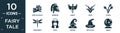 filled fairy tale icon set. contain flat quetzalcoatl, warrior, harpy, faun, hydra, dragonfly, zeus, wicked, witch hat, magic