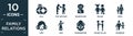 filled family relations icon set. contain flat null, step-brother, grandfather, sibling, niece, aunt, wife, grandmother, father-in