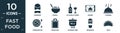 filled fast food icon set. contain flat ordering, cereal, alcoholic drink, saving, cooking, preparation, paper bag, cooking time,