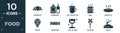 filled food icon set. contain flat croissant, condiment, hot coffee cup, ribs, baguette, eatery, wrapping, cup of wine, lollypop,