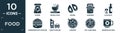 filled food icon set. contain flat fodder, noodle soup, mussel, sardines, alcoholic, hamburger with bacoon, drive through,