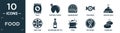 filled food icon set. contain flat pack, fortune cookie, hamburguer, polvoron, serving dish, king cake, champagne bottle, stew, no