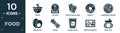 filled food icon set. contain flat spices, calories, protection gloves, donuts, hainanese chicken, boiled egg, chives, water glass