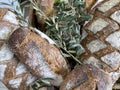 Filled frame of freshly baked dark bread loafs and herbs Royalty Free Stock Photo