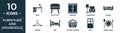 filled furniture and household icon set. contain flat desk, footstool, armoire, livingroom, daybed, hanger, bed, laundry hamper,