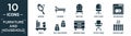 filled furniture and household icon set. contain flat mirror, lounger, fauteuil, desk chair, dishwasher, shelf, salt and pepper