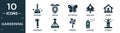 filled gardening icon set. contain flat brooming, beehive, butterflies, birdhouse, garden, hammering, rak, pinwheel, spraying,