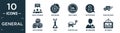 filled general icon set. contain flat group opinion, disk brake, info chart, hr strategy, food delivery, ar platform, gmo, electro