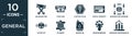 filled general icon set. contain flat inauguration, atm cash, electric plug, digital product, business networking, autopilot,
