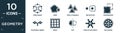 filled geometry icon set. contain flat constraint, joint, triple triangle, reflection, background, polygonal wings, grids, flip,