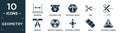 filled geometry icon set. contain flat dimension, polygonal dog, polygonal arrow up, trim, cut, measure, multiple triangles inside Royalty Free Stock Photo