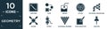 filled geometry icon set. contain flat lengthen, flow, import, attach, polygonal megaphone, extend, offset, polygonal diamond