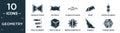 filled geometry icon set. contain flat triangles couple, rectangle, triangular shapes forming waves, prism, center alignment,