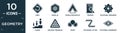 filled geometry icon set. contain flat undo, parallel, double hexagon of small triangles, preview, polygonal ornament, leader,