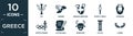 filled greece icon set. contain flat psi, hermes, broken amphora, sports torch, poseidon, sports games, letter quill, minotaur,